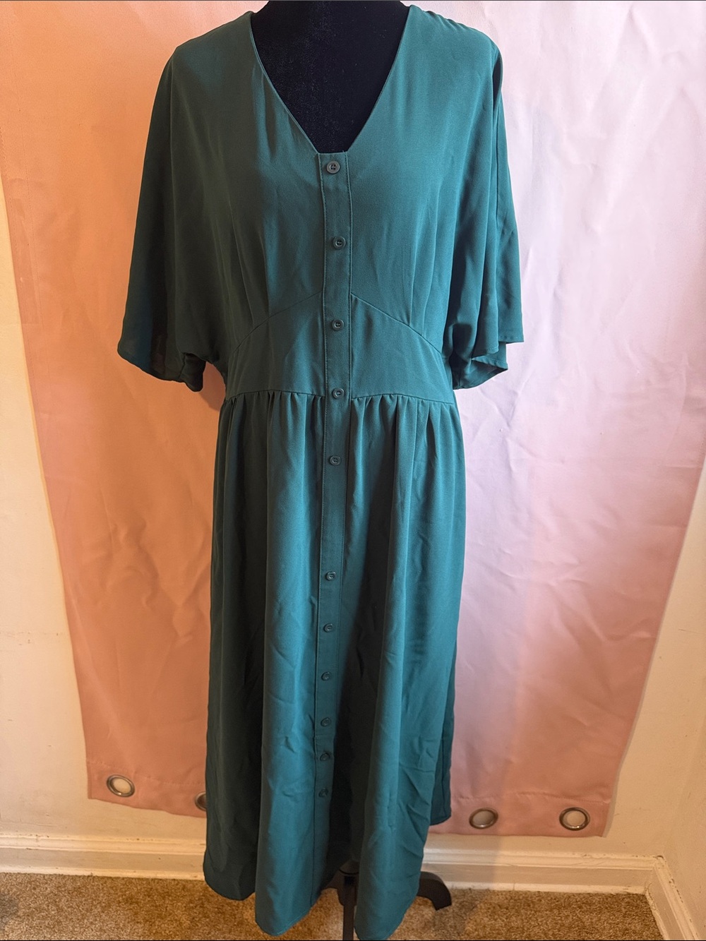 Teal Button-Front Maxi Dress with V-Neck
